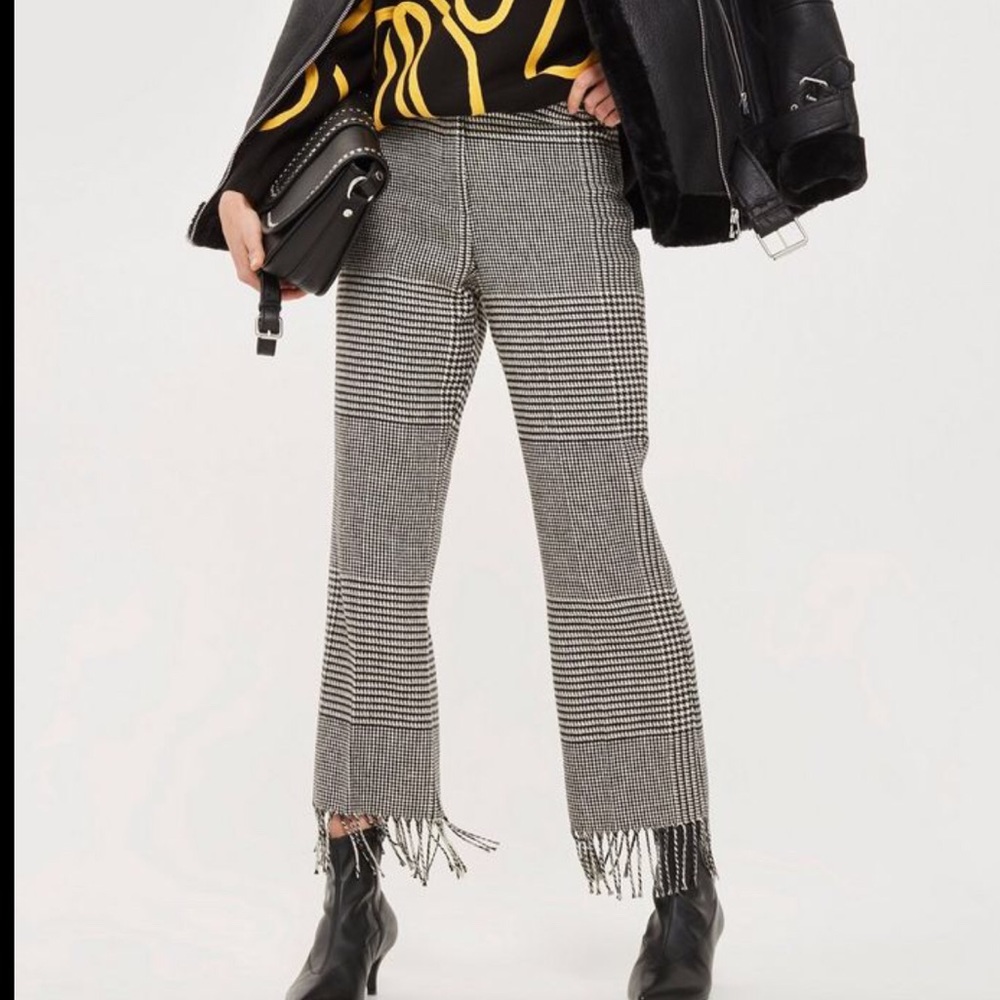 Wool Blend Fringe Houndstooth Plaid Pants